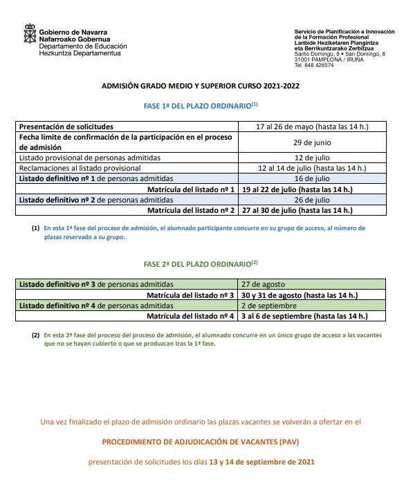 Cenifer-Calendario admision FP 2020-2021