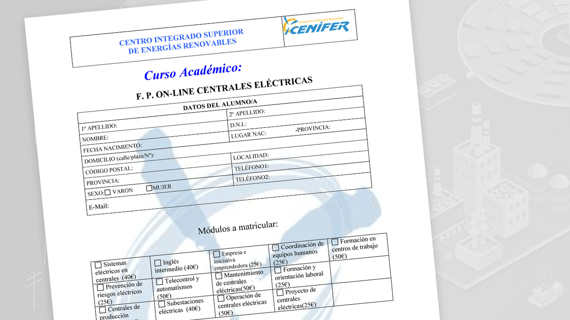 Cenifer Inscripción en Formación Profesional online Centrales Eléctricas