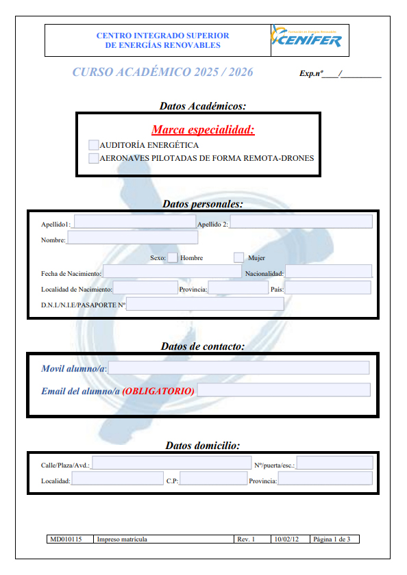 Cenifer matriculación especialización